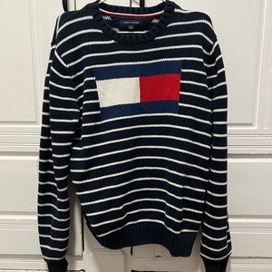 Tommy Hilfiger Navy and White Striped Flag Sweater